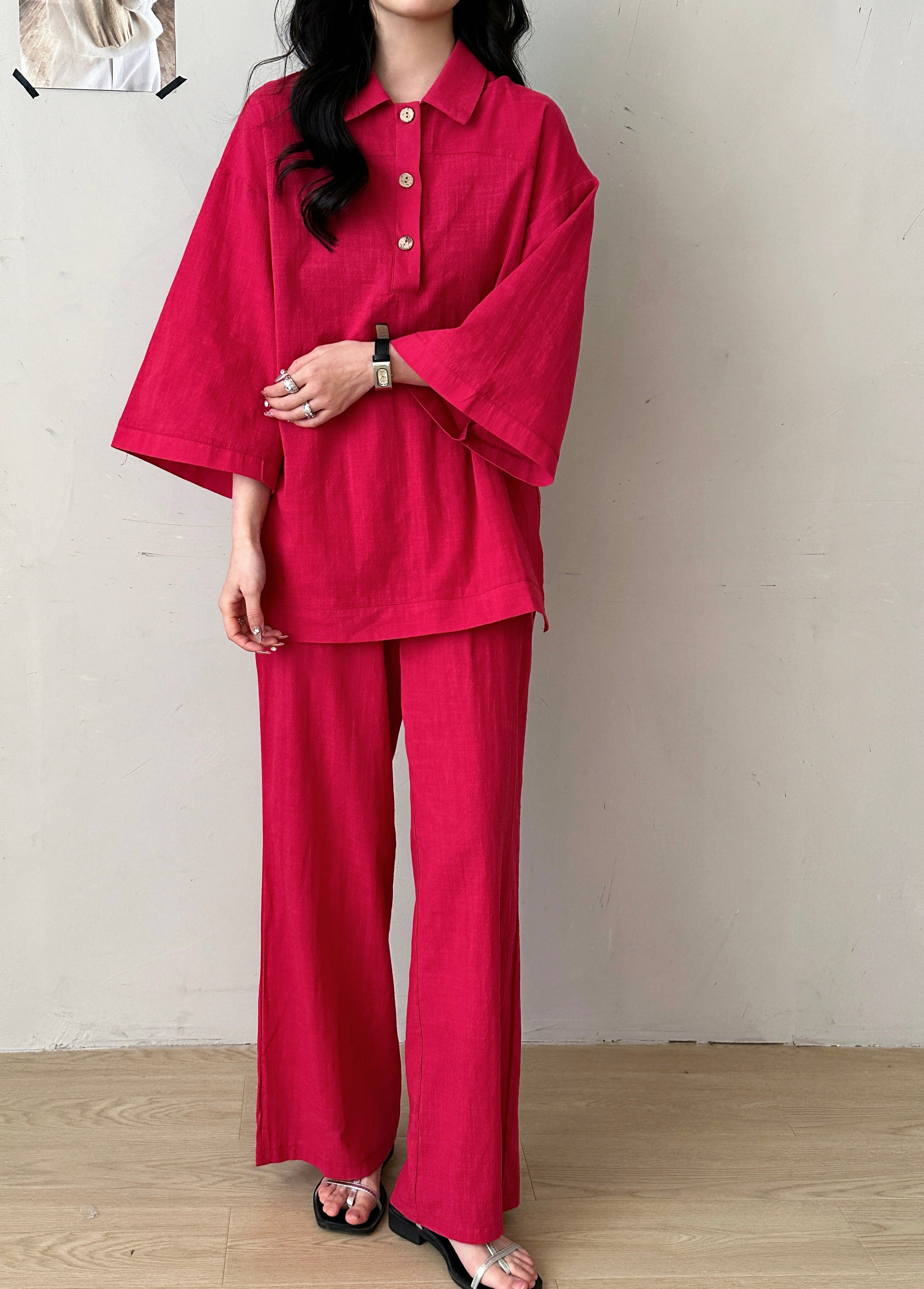 Liggi Crinkled Cotton Linen Textured Set Fuchsia