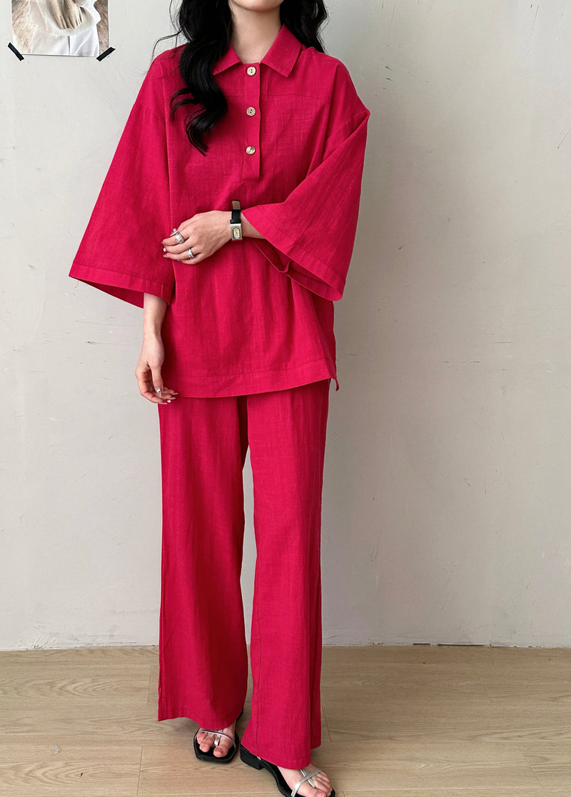 Liggi Crinkled Cotton Linen Textured Set Fuchsia