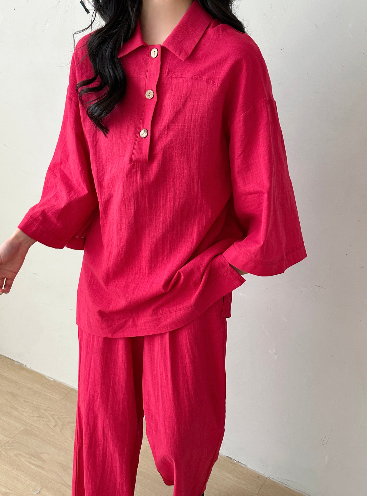 Liggi Crinkled Cotton Linen Textured Set Fuchsia