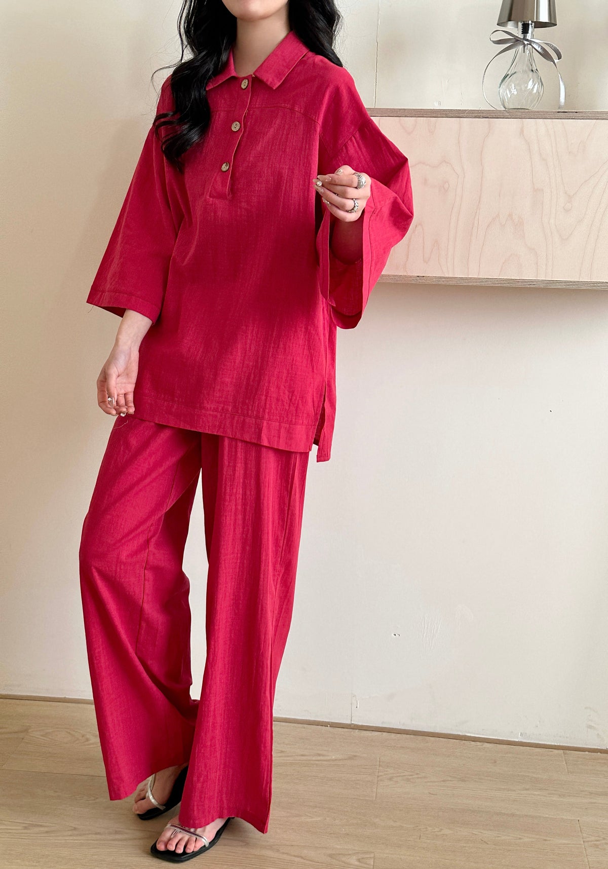 Liggi Crinkled Cotton Linen Textured Set Fuchsia