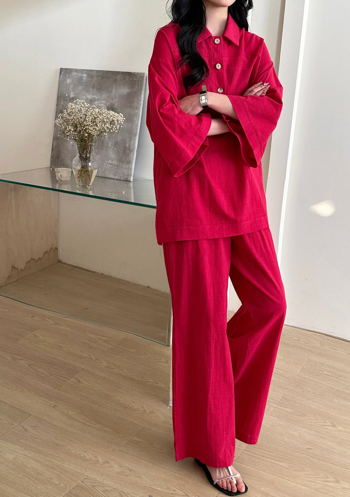 Liggi Crinkled Cotton Linen Textured Set Fuchsia
