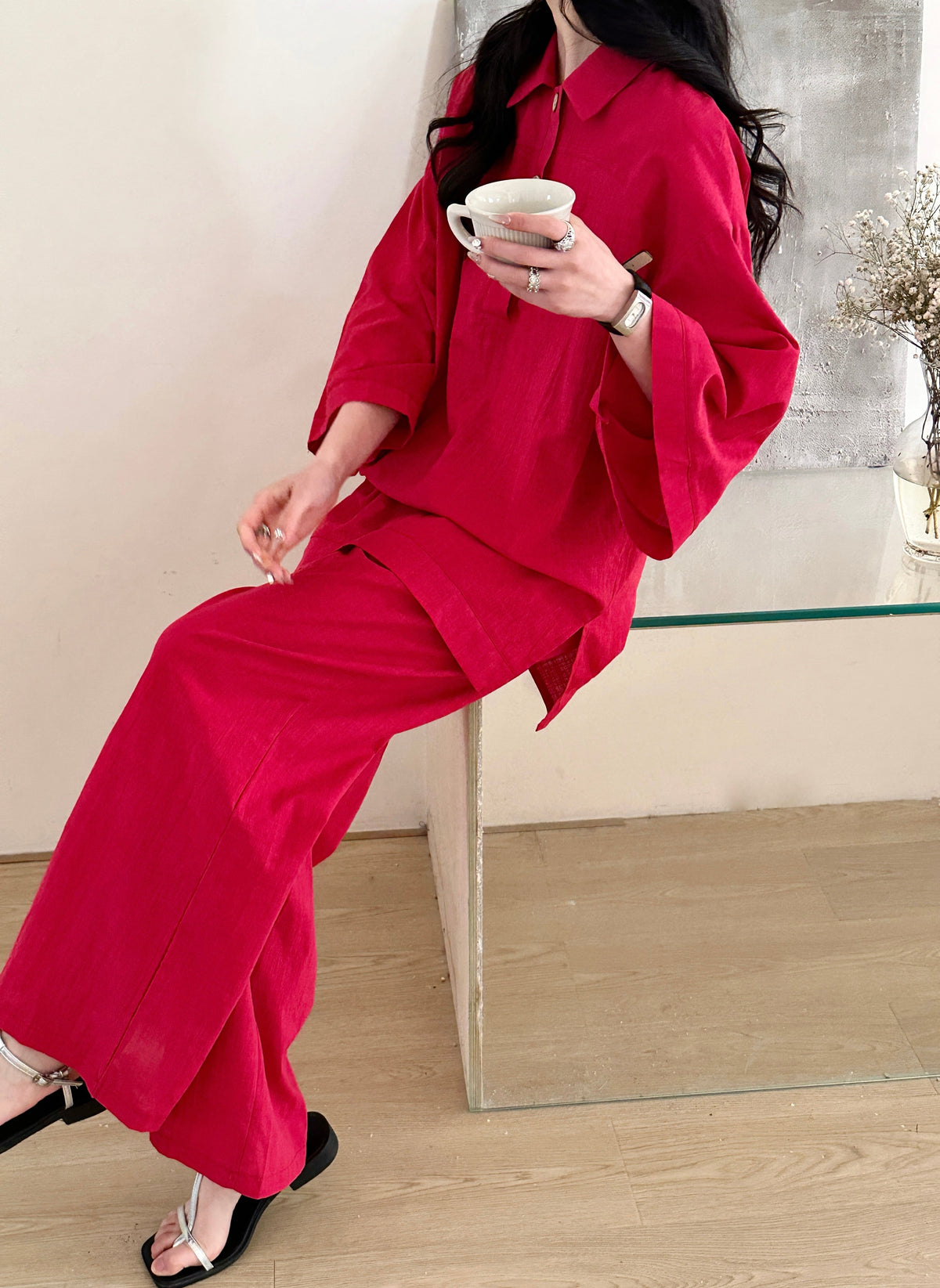 Liggi Crinkled Cotton Linen Textured Set Fuchsia
