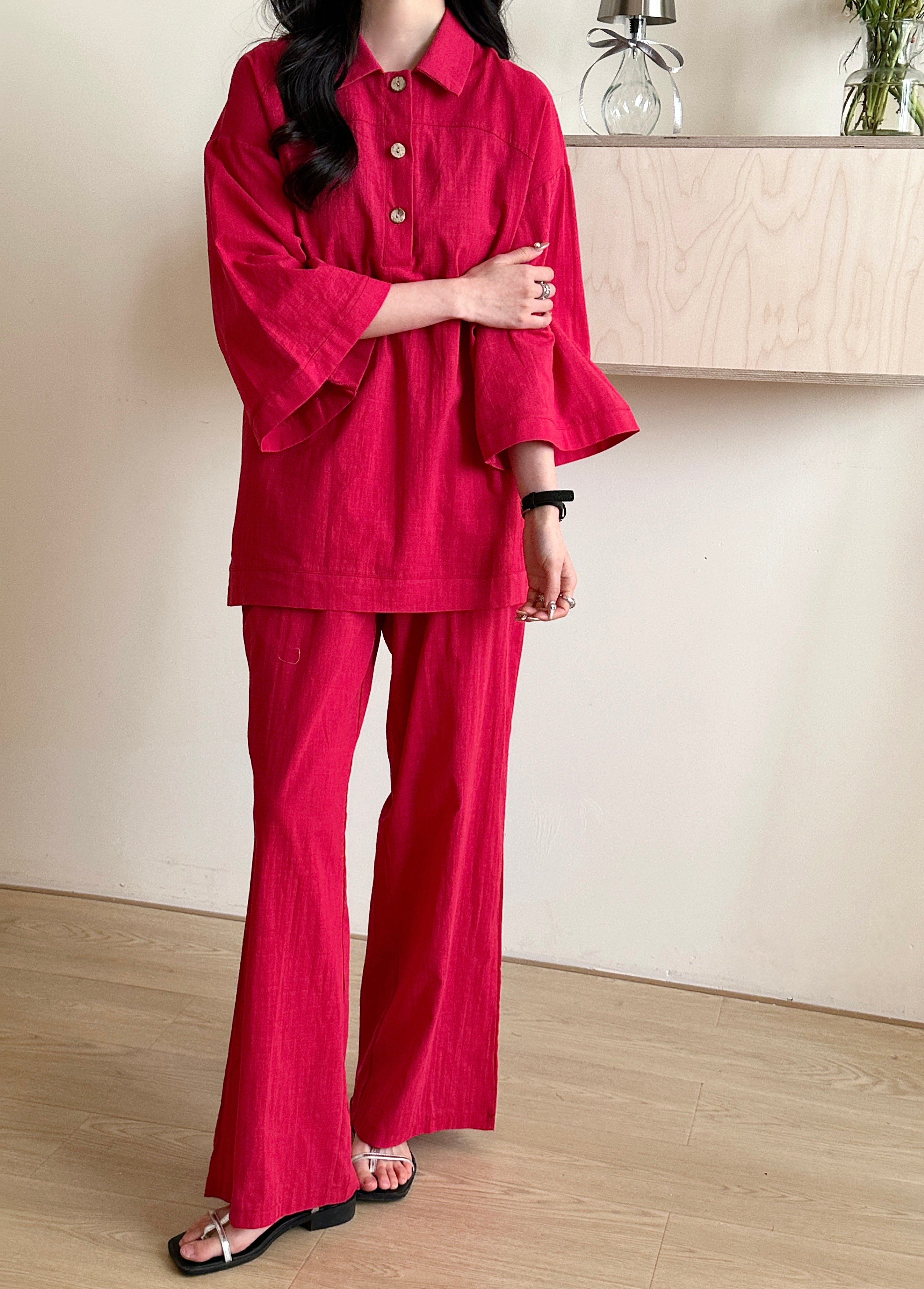Liggi Crinkled Cotton Linen Textured Set Fuchsia