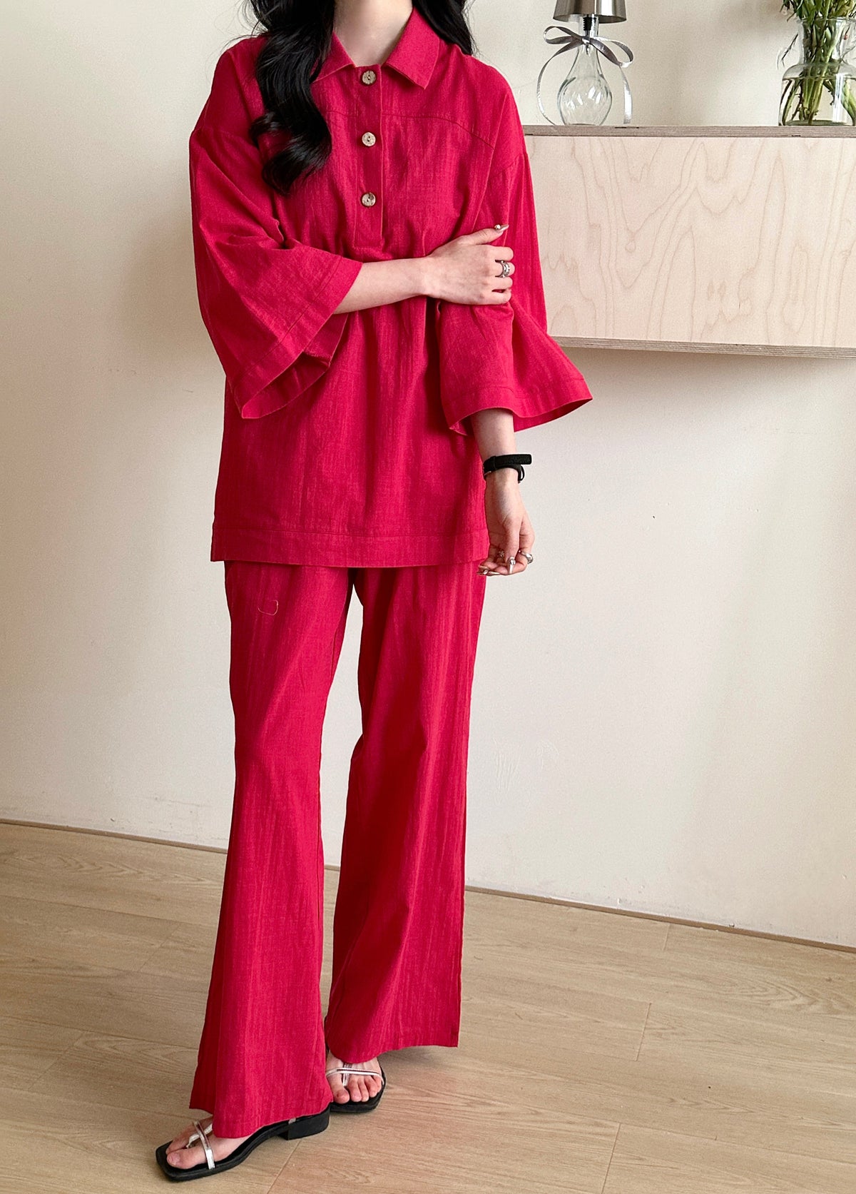 Liggi Crinkled Cotton Linen Textured Set Fuchsia