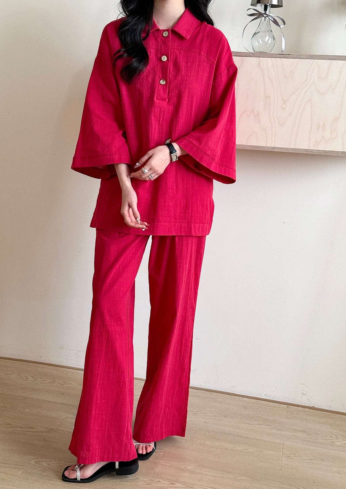 Liggi Crinkled Cotton Linen Textured Set Fuchsia