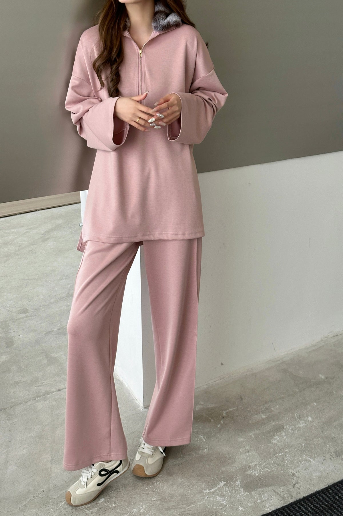 Elan Modal Suit Blush Pink with Faux Rabbit Collar Grey