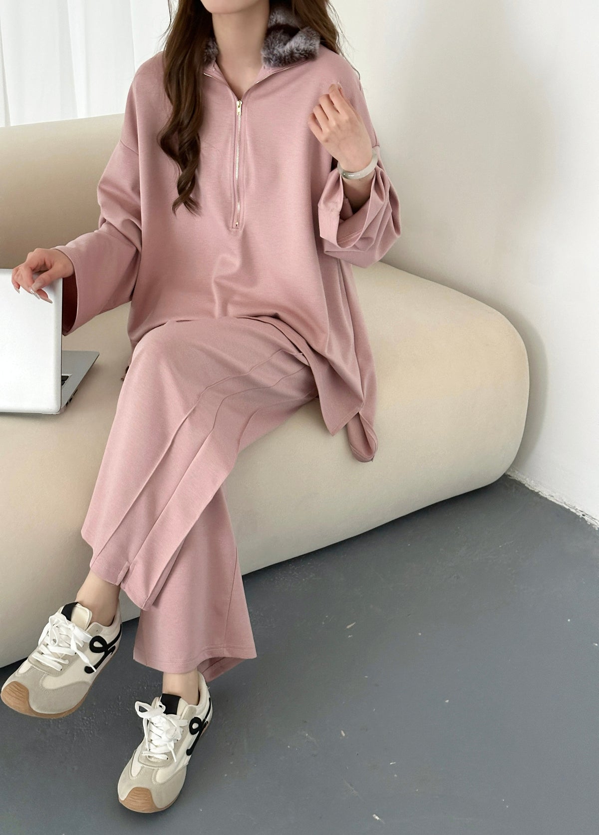 Elan Modal Suit Blush Pink with Faux Rabbit Collar Grey