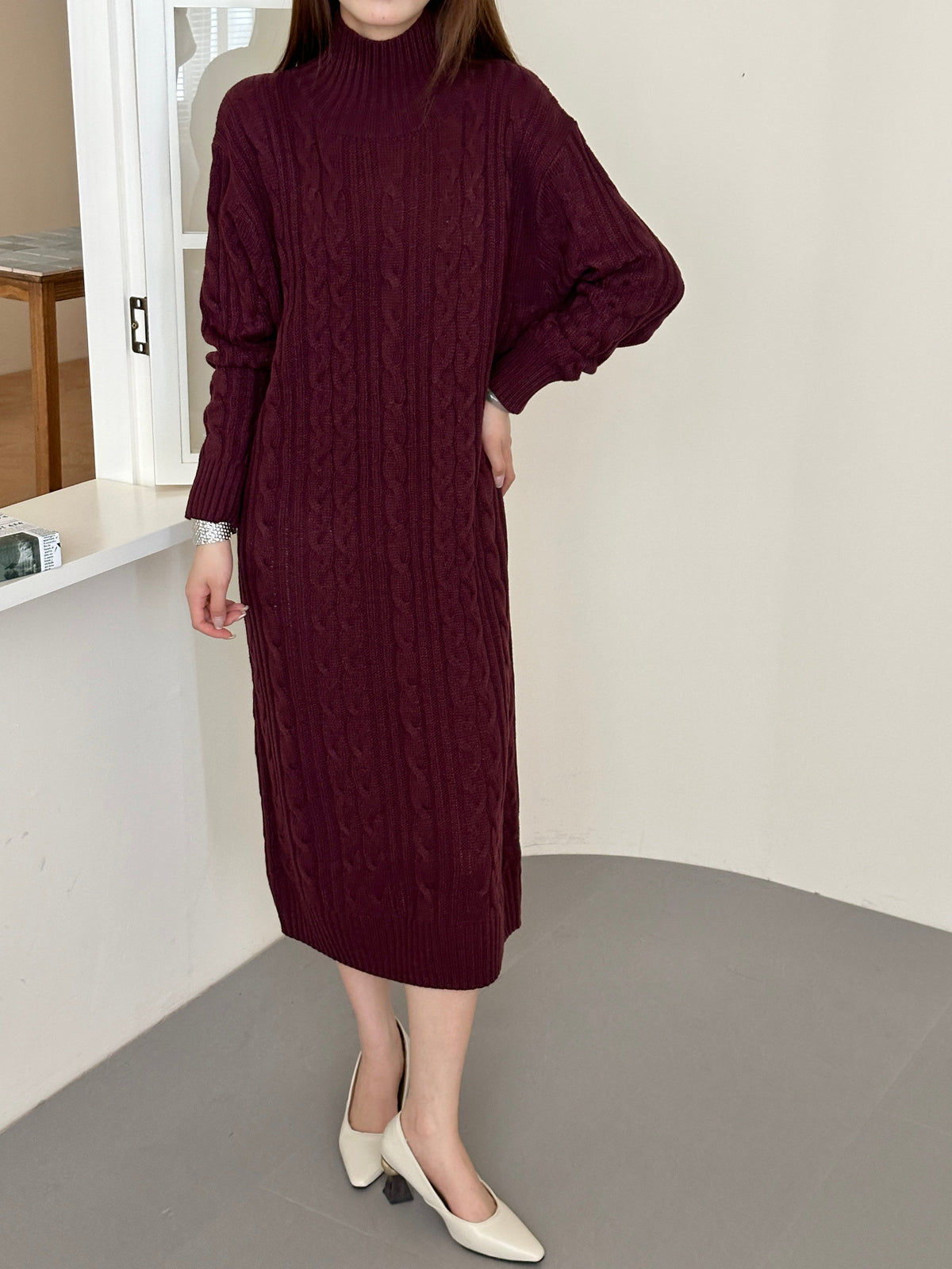 Denver Burgundy Cable Knit Dress