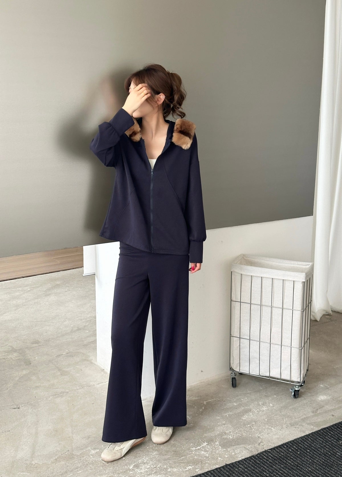 Berlin Navy Modal Faux Fur Cape Suit