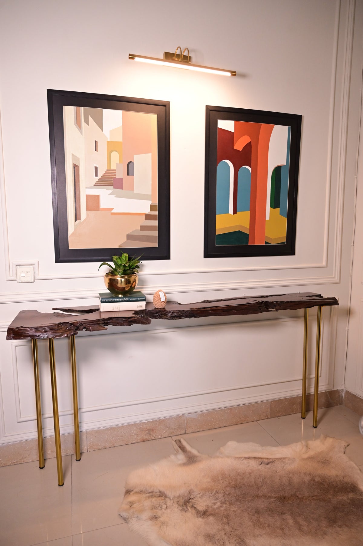 Live edge console with 5 golden stainless steel legs (Cyra)2100
