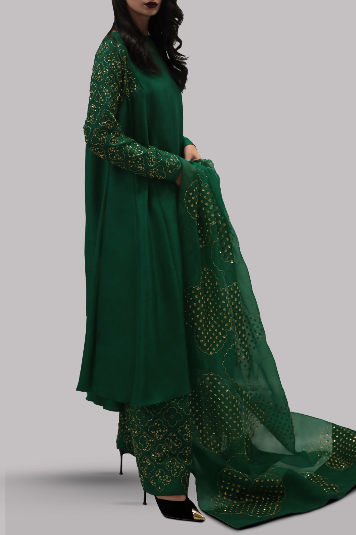 Galapagos Green Embellished Raw Silk Set