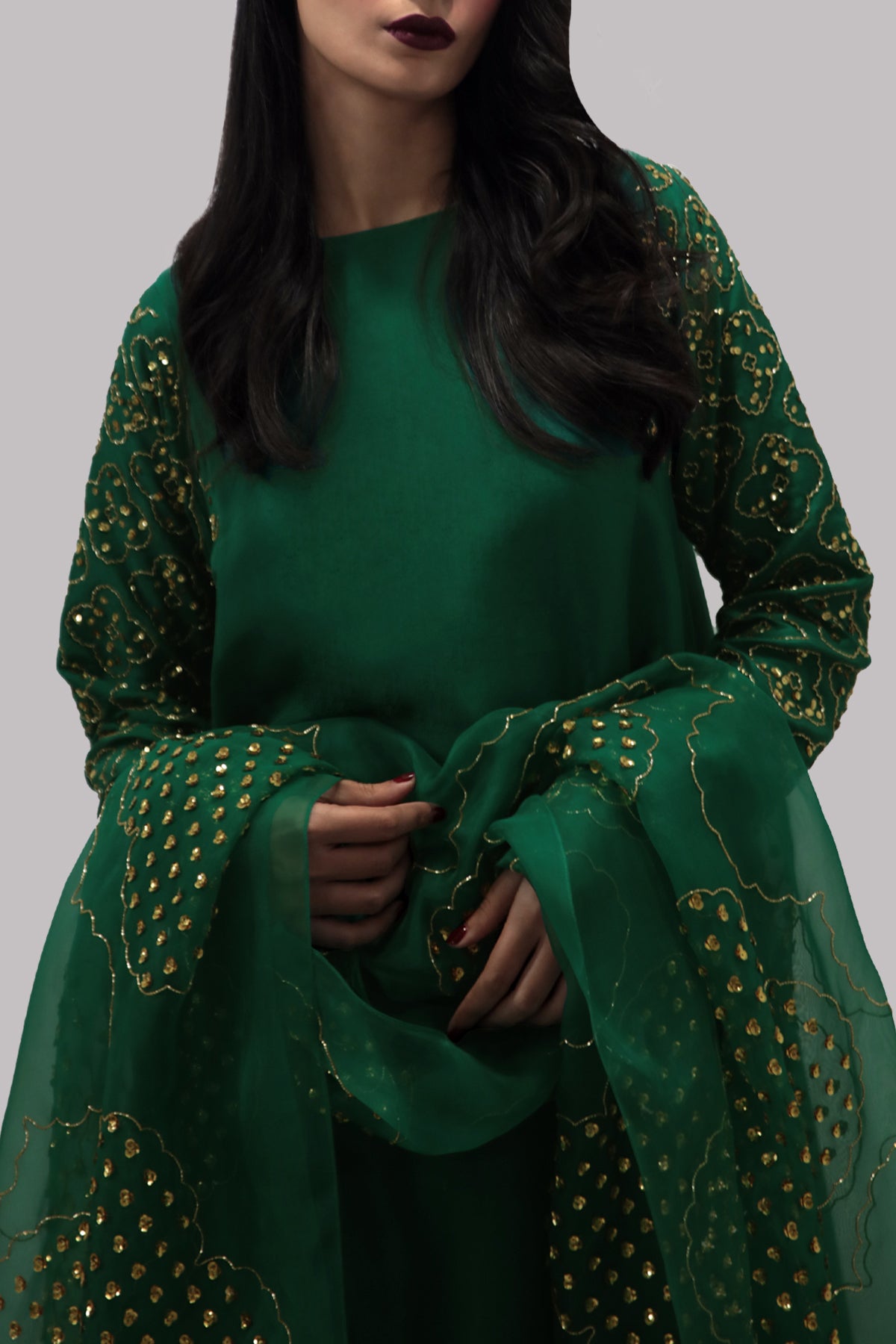 Galapagos Green Embellished Raw Silk Set