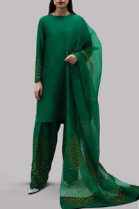 Galapagos Green Embellished Raw Silk Set