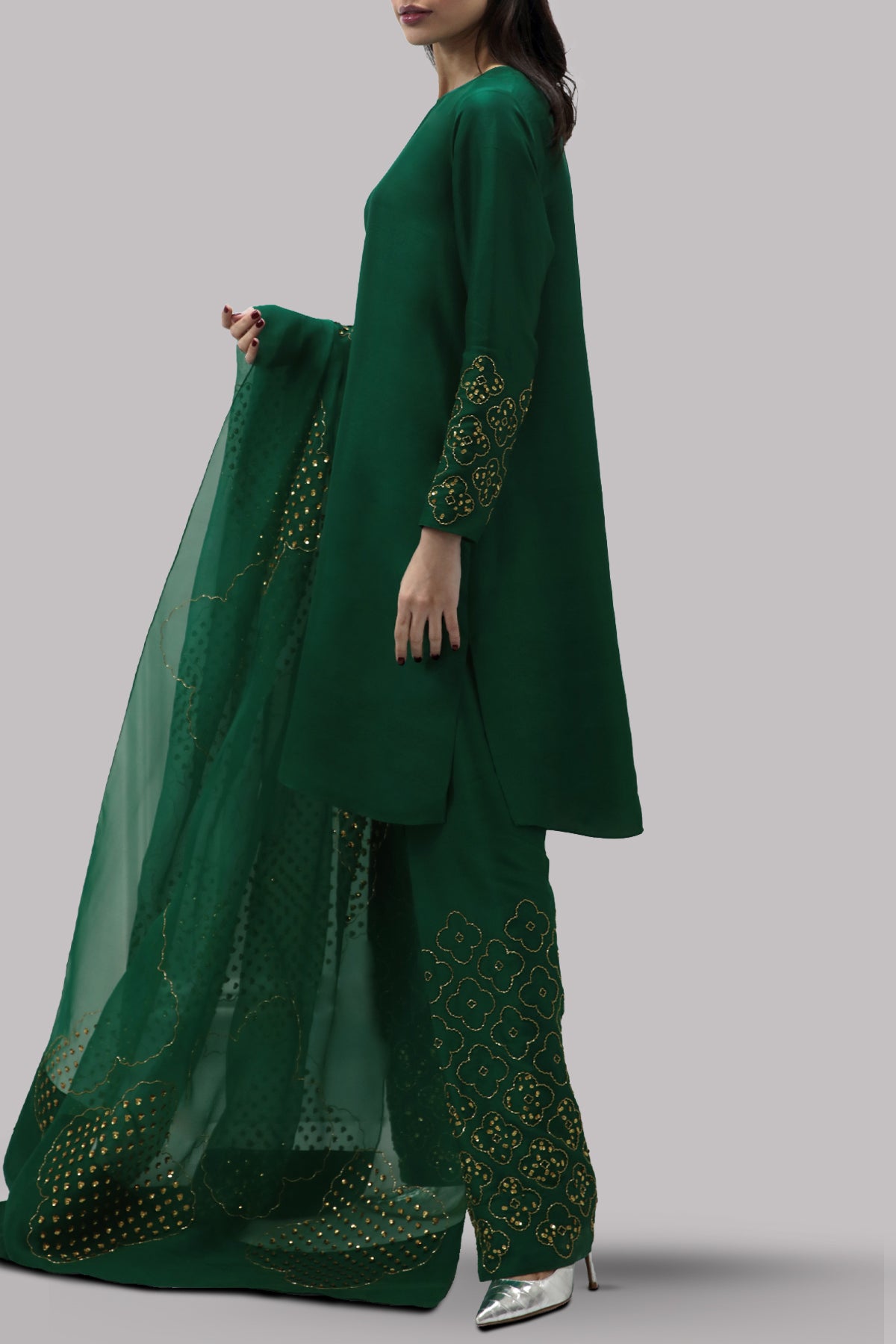 Galapagos Green Embellished Raw Silk Set