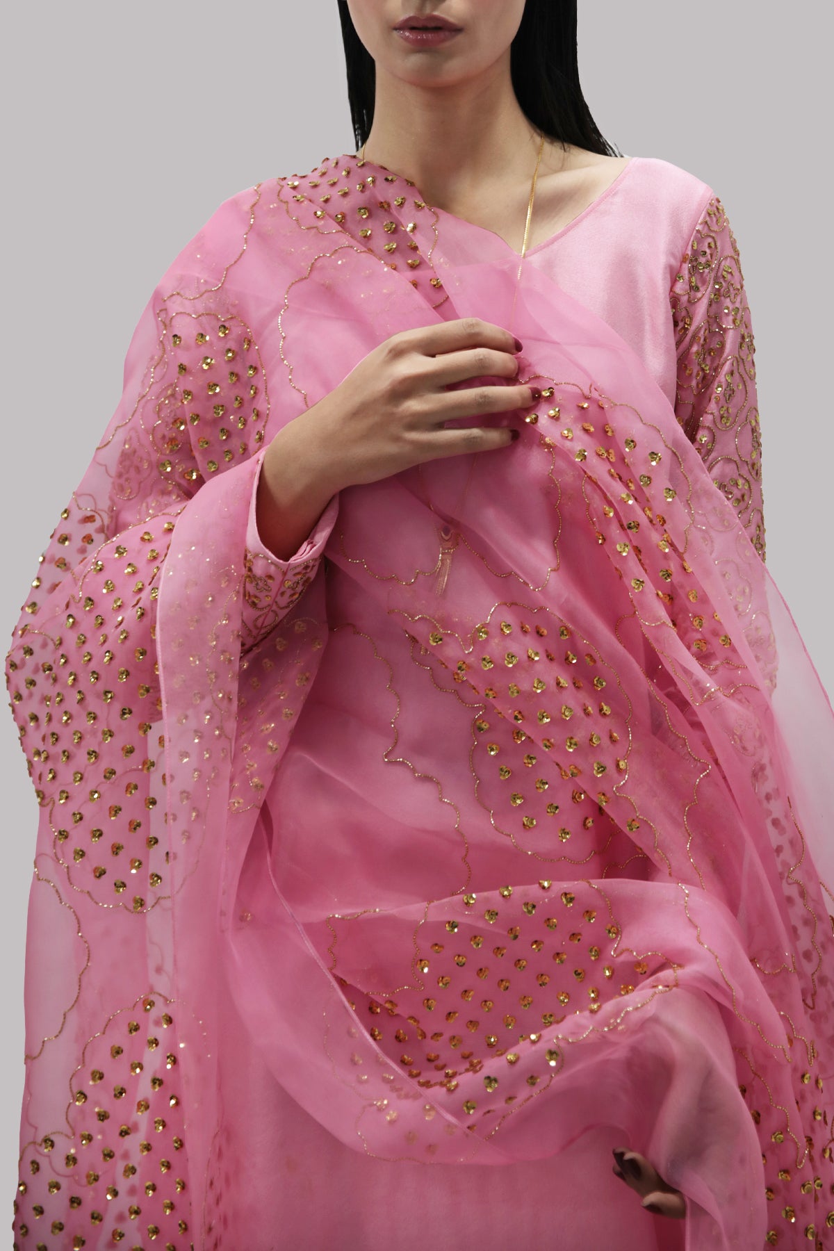 Candy Pink Embellished Raw Silk Set