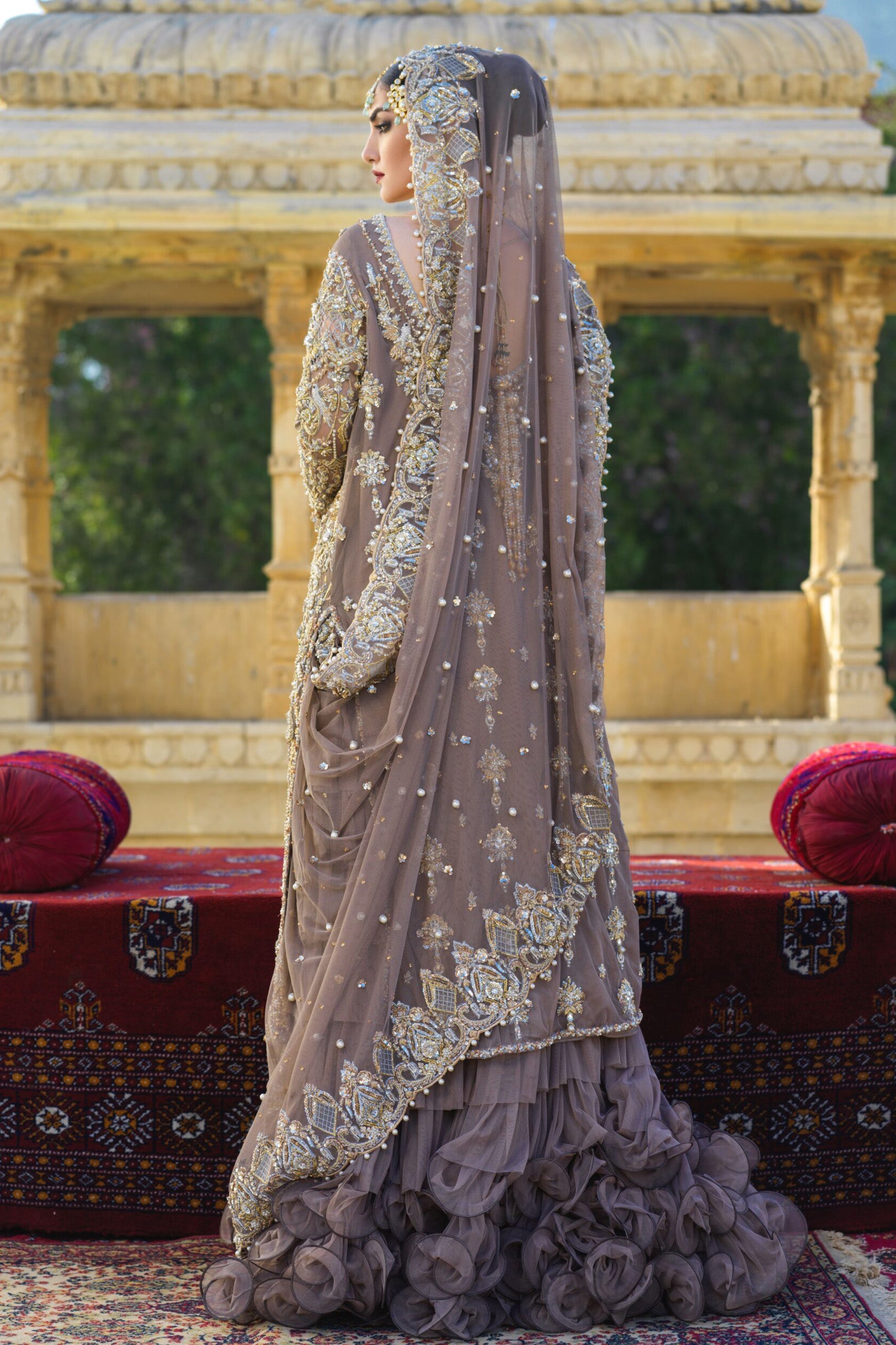 Tulle Net Tunic with Tiered Lehenga and Tulle Dupatta/Red Jamawar Dupatta