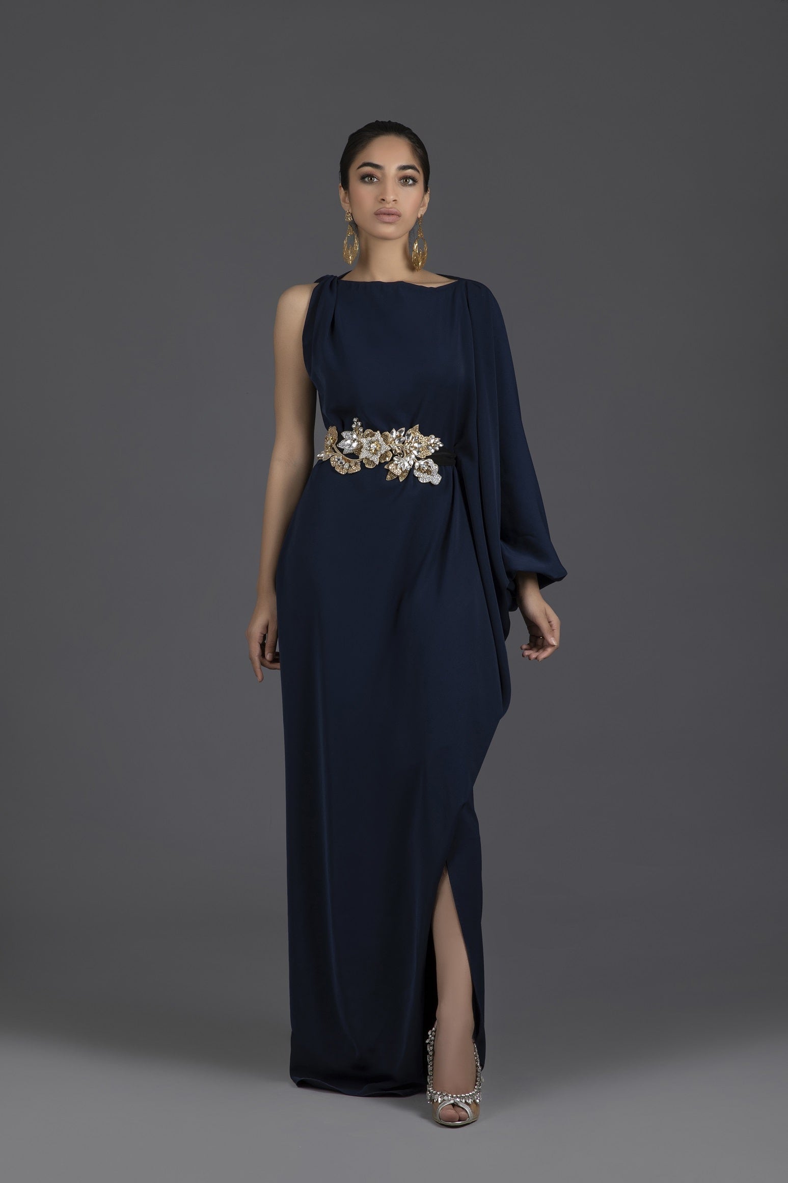 Asymmetrical Draped Kaftan with Three Dimensional Floral Belt