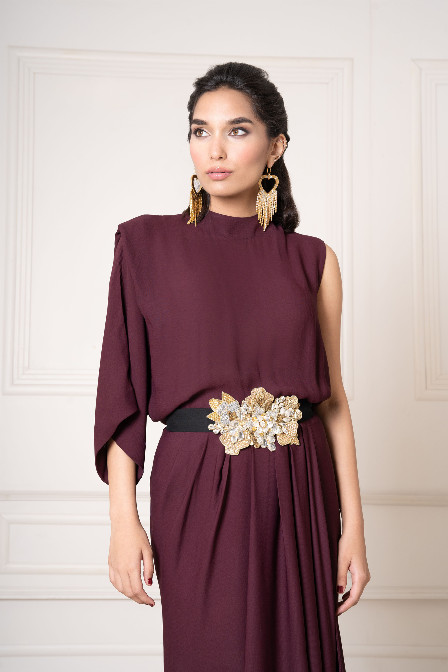 Draped Dress with Crystal Embellished Belt