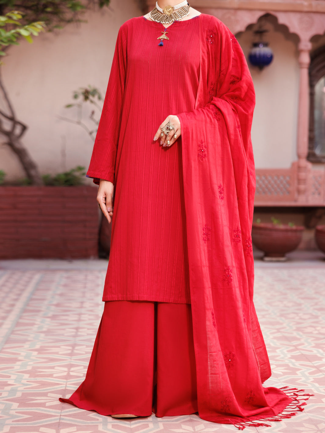 Red Cotton Dobby 3Pc Unstitched - ALP-3PS-2133