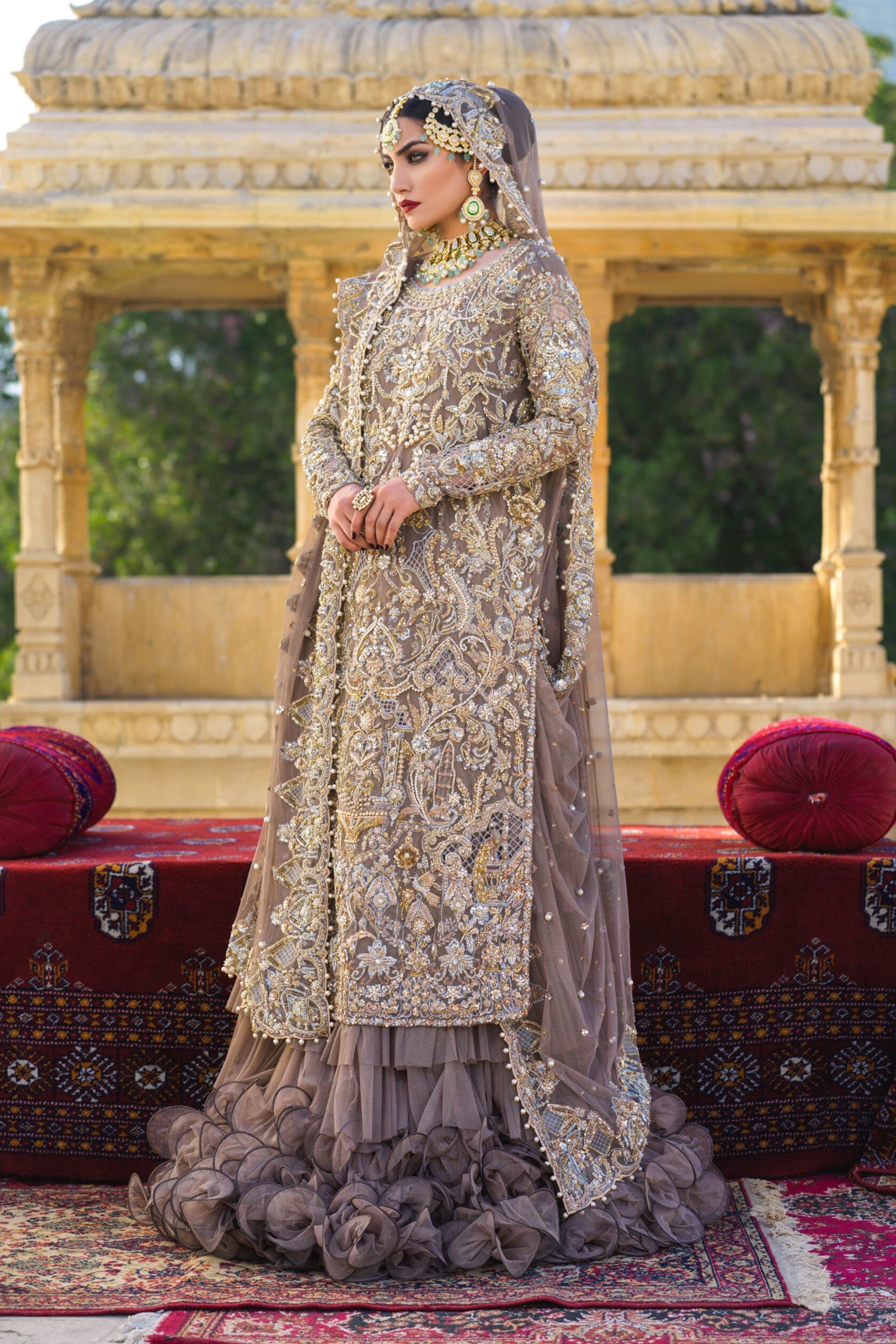 Tulle Net Tunic with Tiered Lehenga and Tulle Dupatta/Red Jamawar Dupatta
