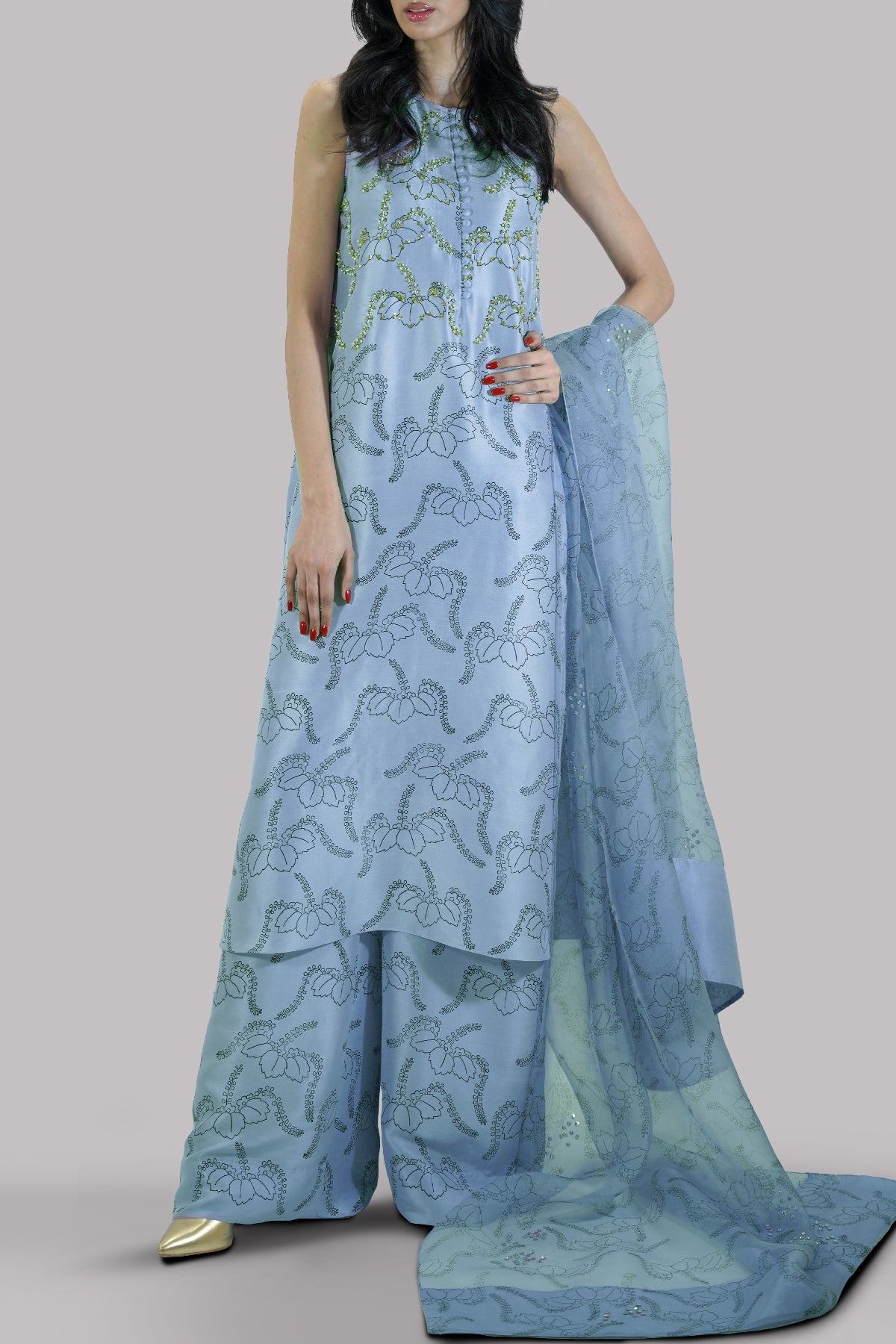 Forever Blue Block Printed &amp; Embellished Raw Silk Set