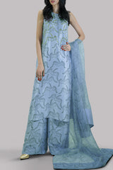 Forever Blue Block Printed &amp; Embellished Raw Silk Set