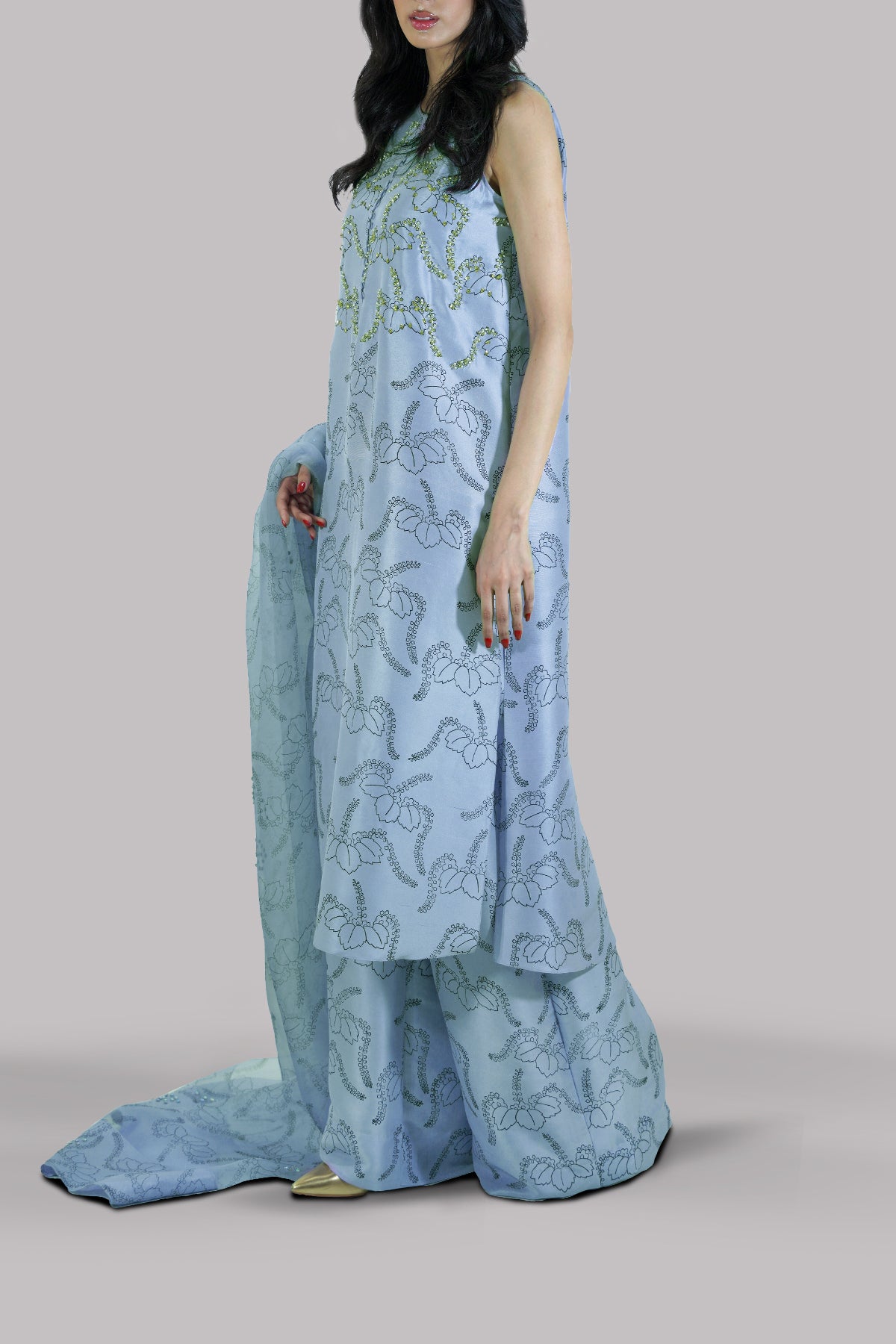 Forever Blue Block Printed &amp; Embellished Raw Silk Set
