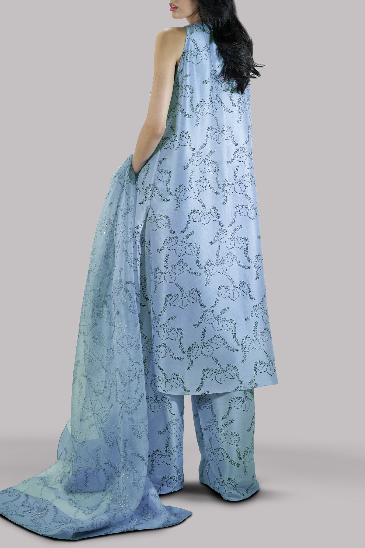 Forever Blue Block Printed &amp; Embellished Raw Silk Set