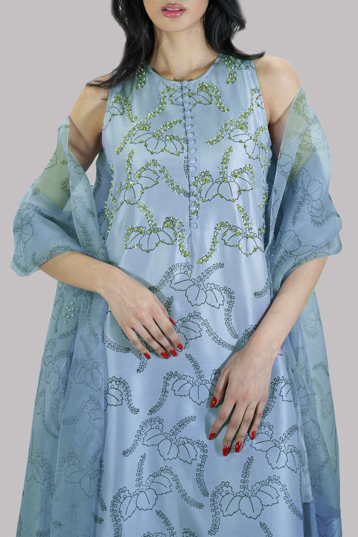 Forever Blue Block Printed &amp; Embellished Raw Silk Set