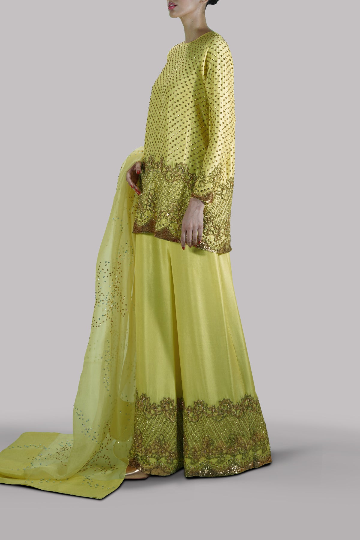 Illuminating Yellow Embellished Raw Silk Set