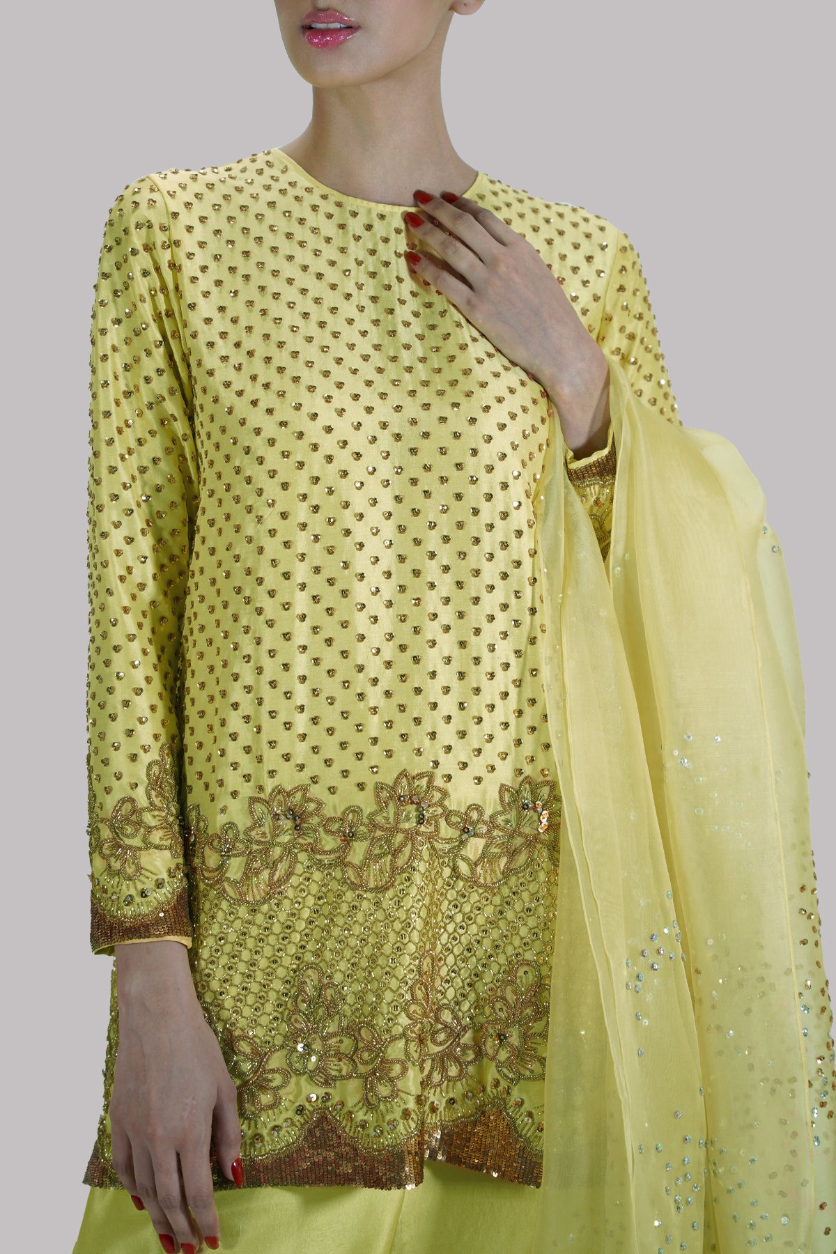 Illuminating Yellow Embellished Raw Silk Set