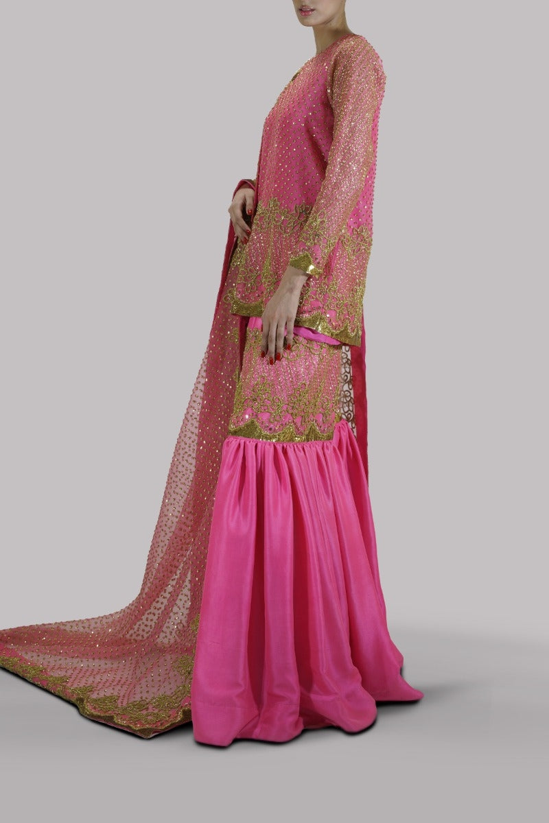 Carmine Rose Raw Silk Gharara Set