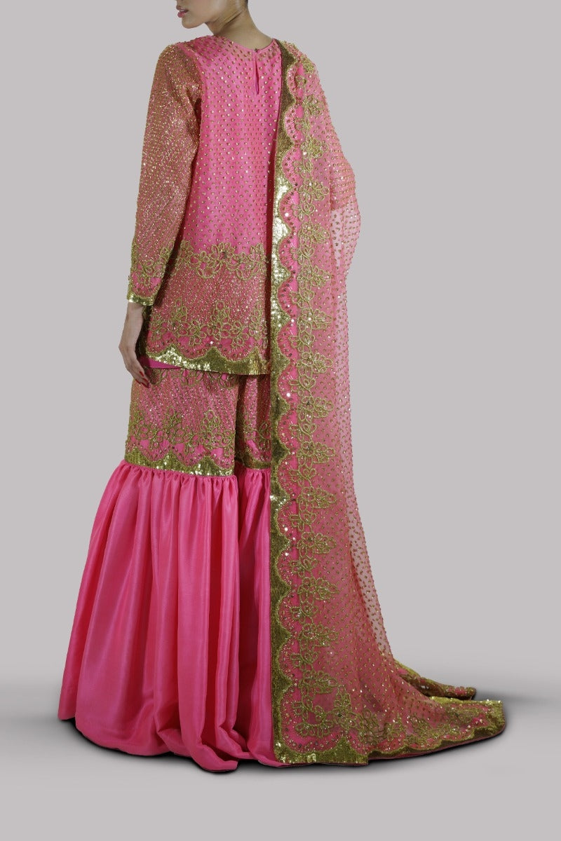 Carmine Rose Raw Silk Gharara Set