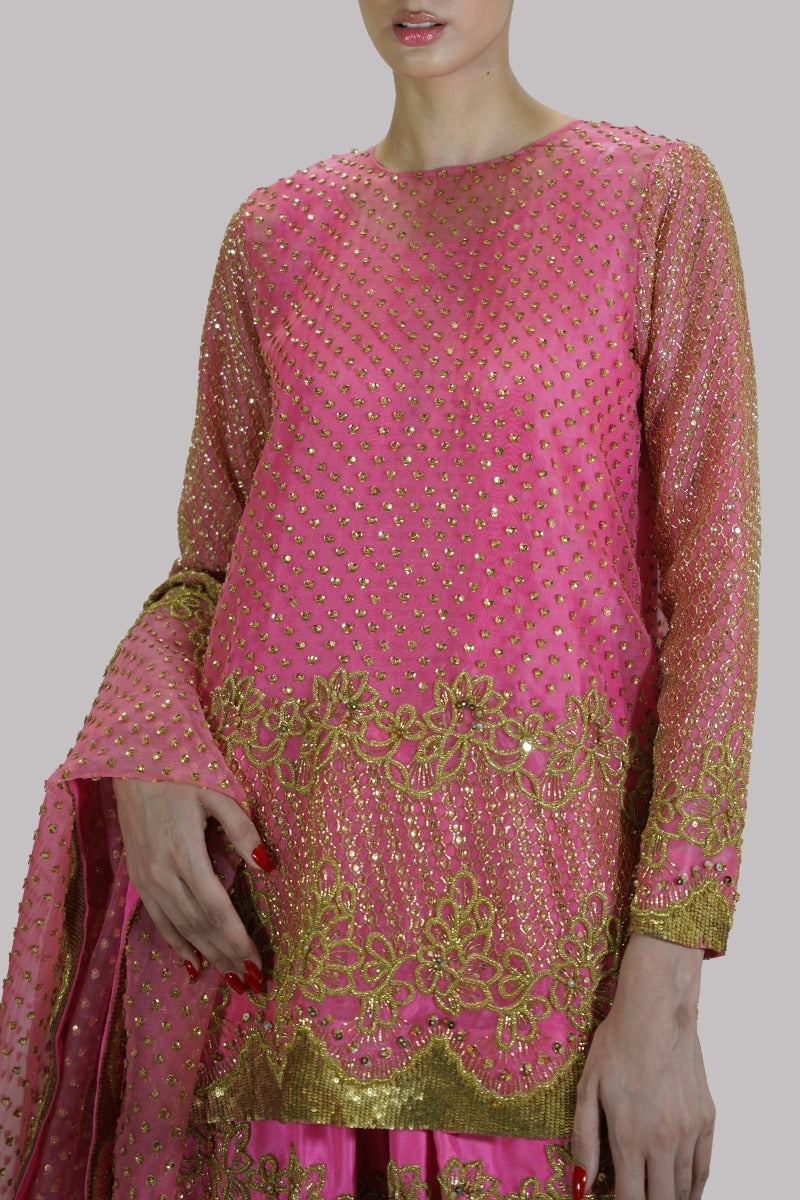 Carmine Rose Raw Silk Gharara Set
