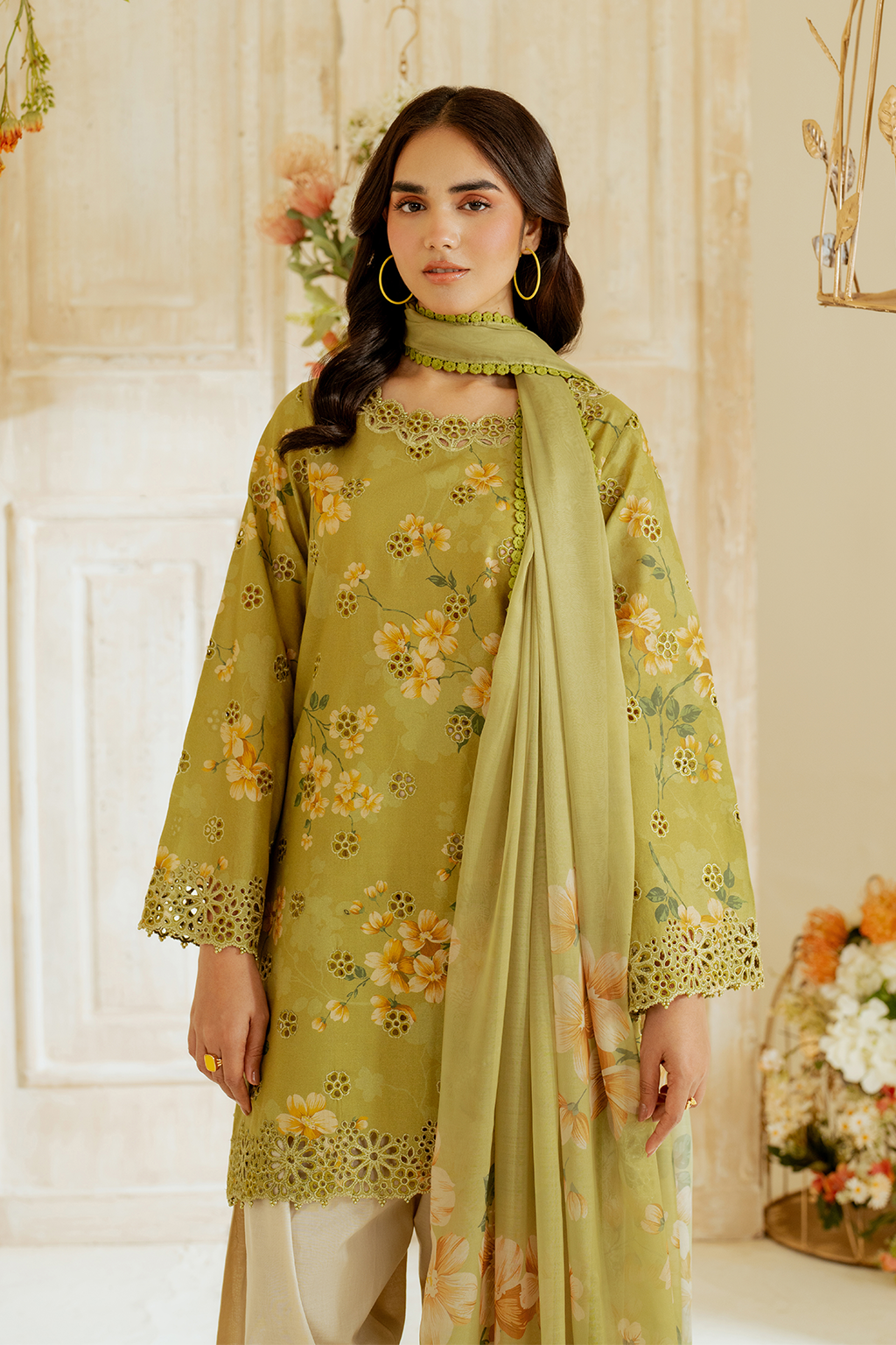 UE-446  Borer Embroidered Printed Lawn