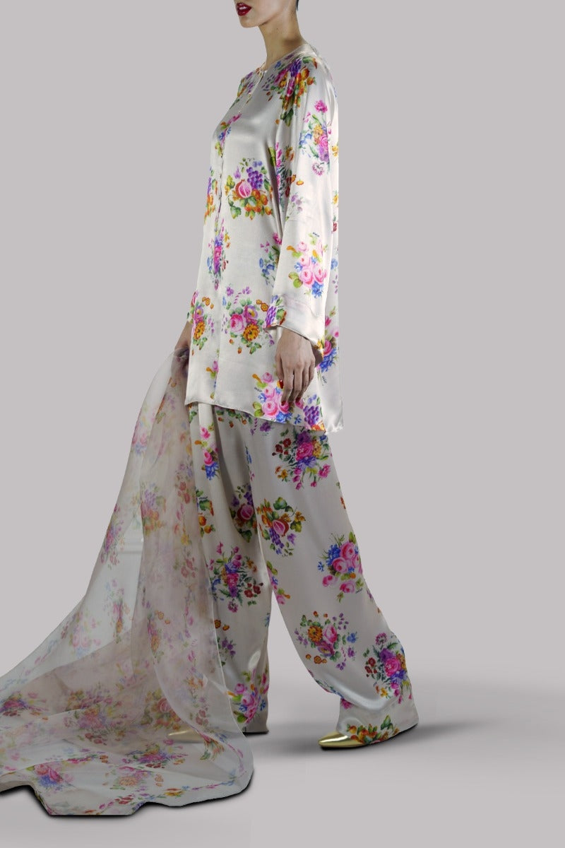 White Swan Digital Floral Printed Satin Silk Set