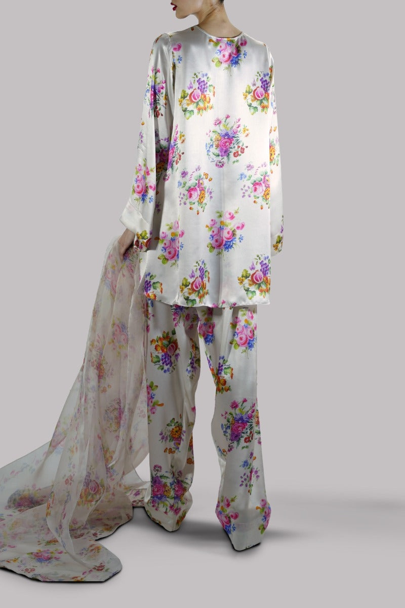 White Swan Digital Floral Printed Satin Silk Set
