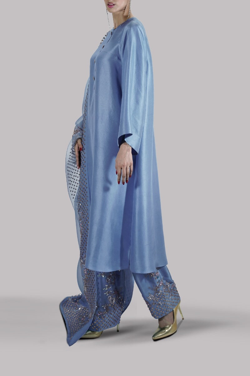 Parisian Blue Embellished Raw Silk Set