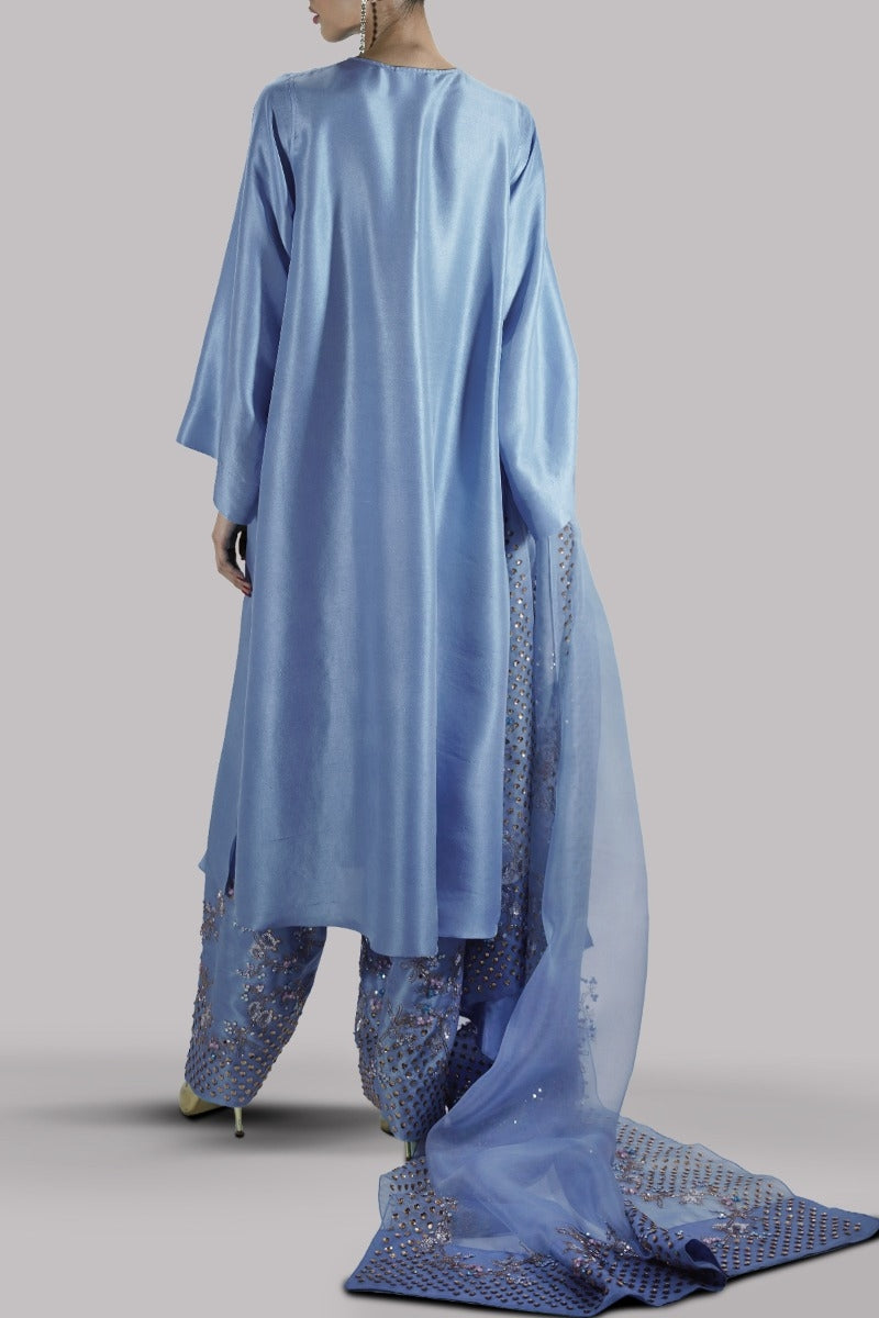 Parisian Blue Embellished Raw Silk Set