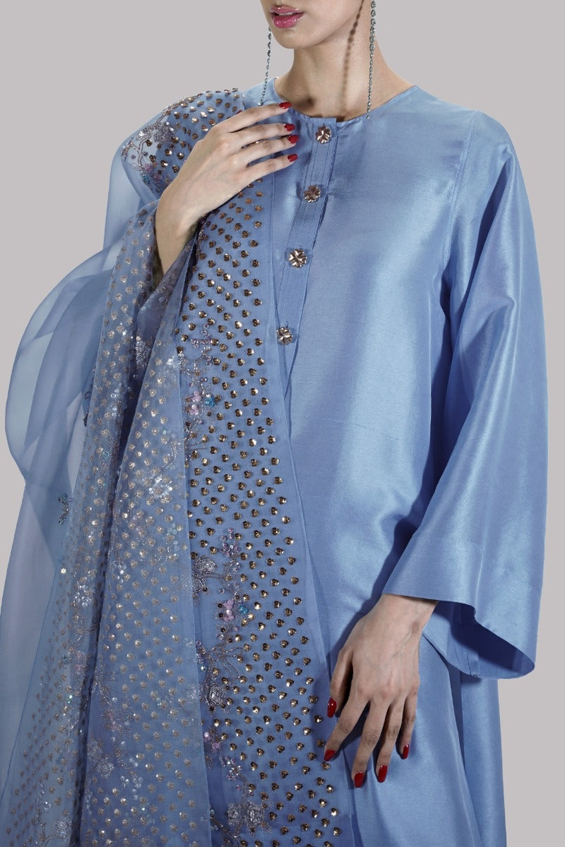 Parisian Blue Embellished Raw Silk Set