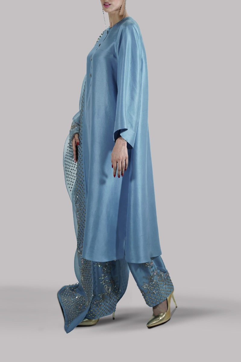 Stone Blue Embellished Raw Silk Set