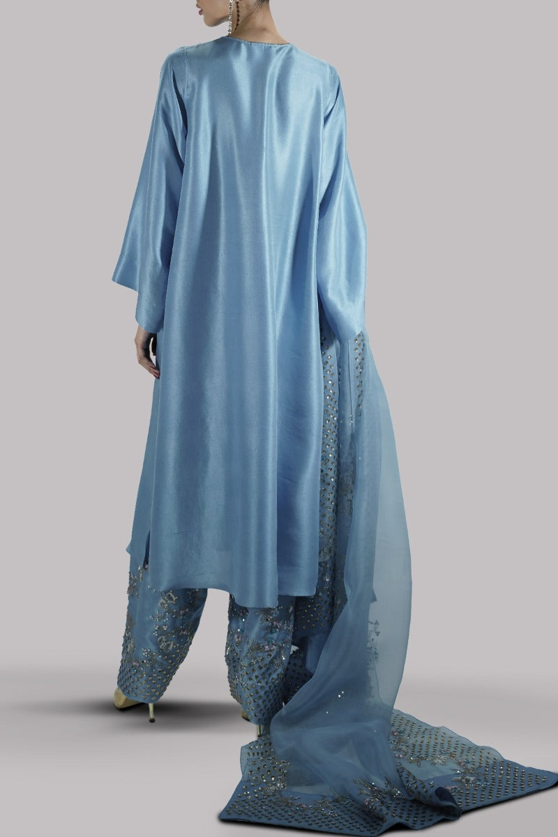 Stone Blue Embellished Raw Silk Set