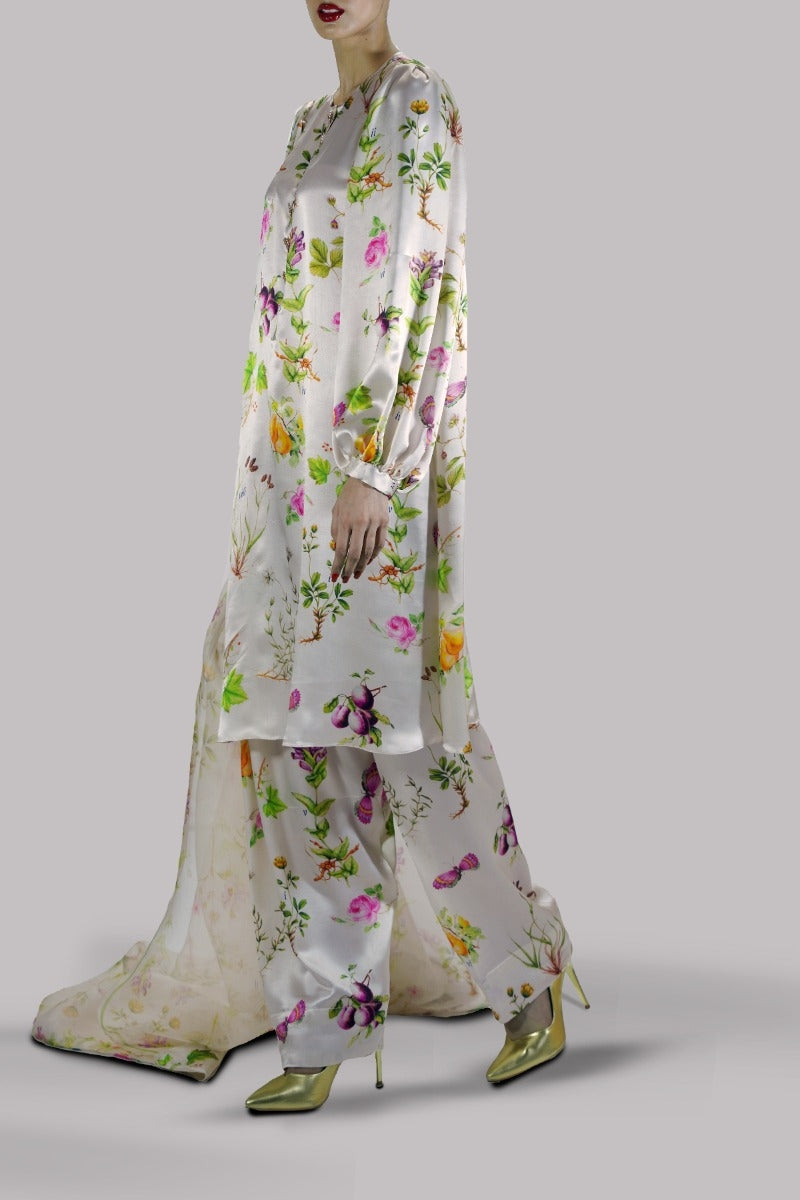 White Swan Digital Print Satin Silk Set