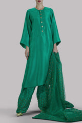Arcadia Green Embellished &amp; Block Printed Raw Silk Set