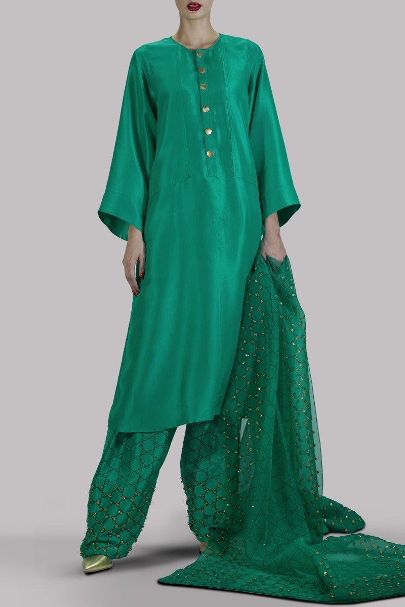 Arcadia Green Embellished &amp; Block Printed Raw Silk Set
