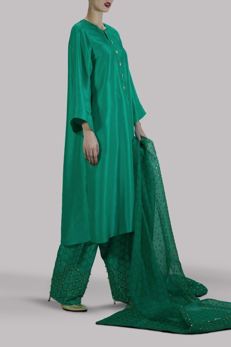 Arcadia Green Embellished &amp; Block Printed Raw Silk Set