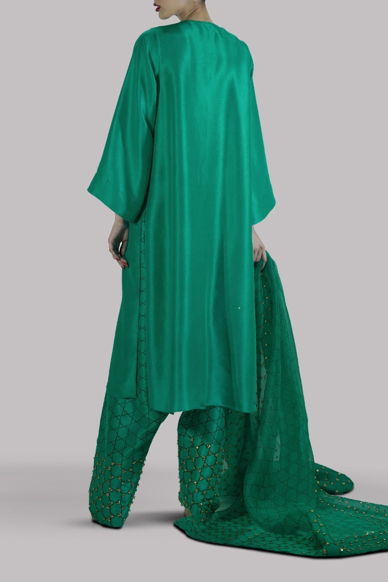 Arcadia Green Embellished &amp; Block Printed Raw Silk Set