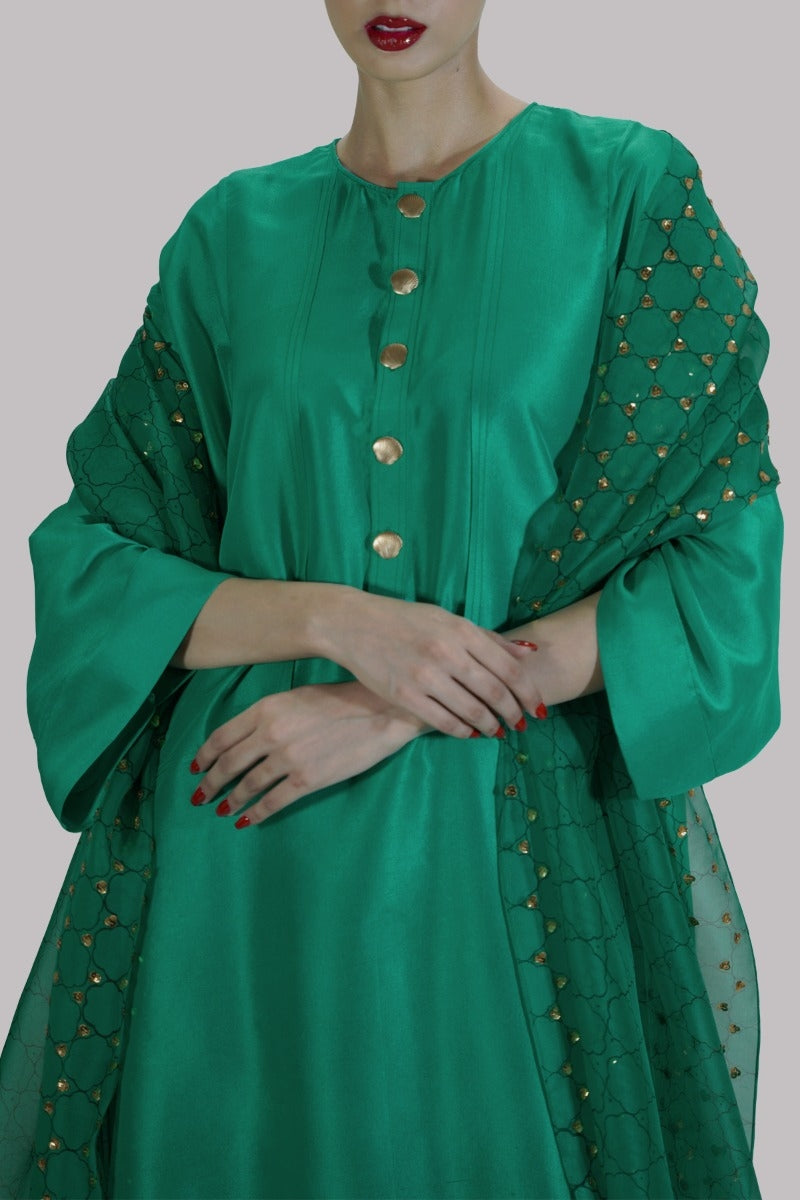 Arcadia Green Embellished &amp; Block Printed Raw Silk Set