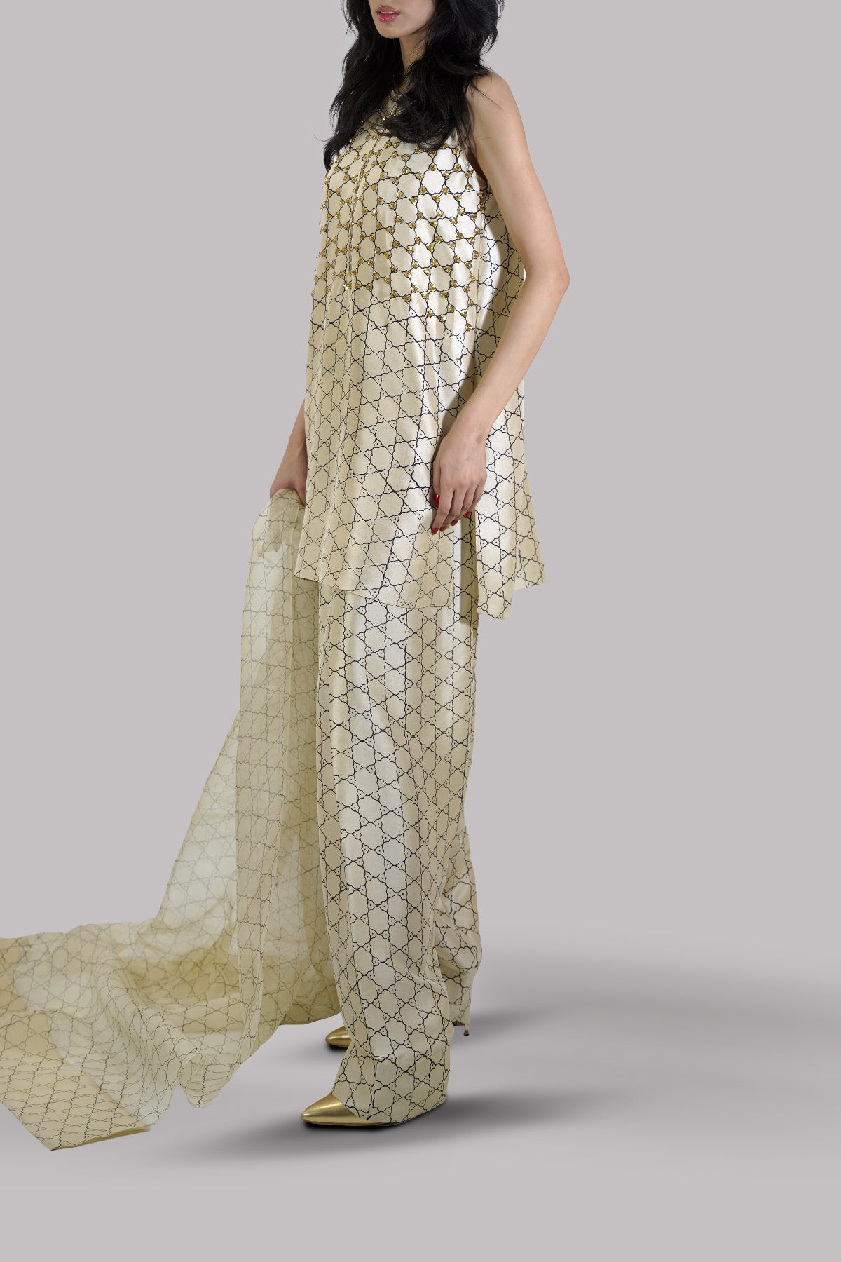 Lambs Wool Embellished Block Printed Raw Silk Set