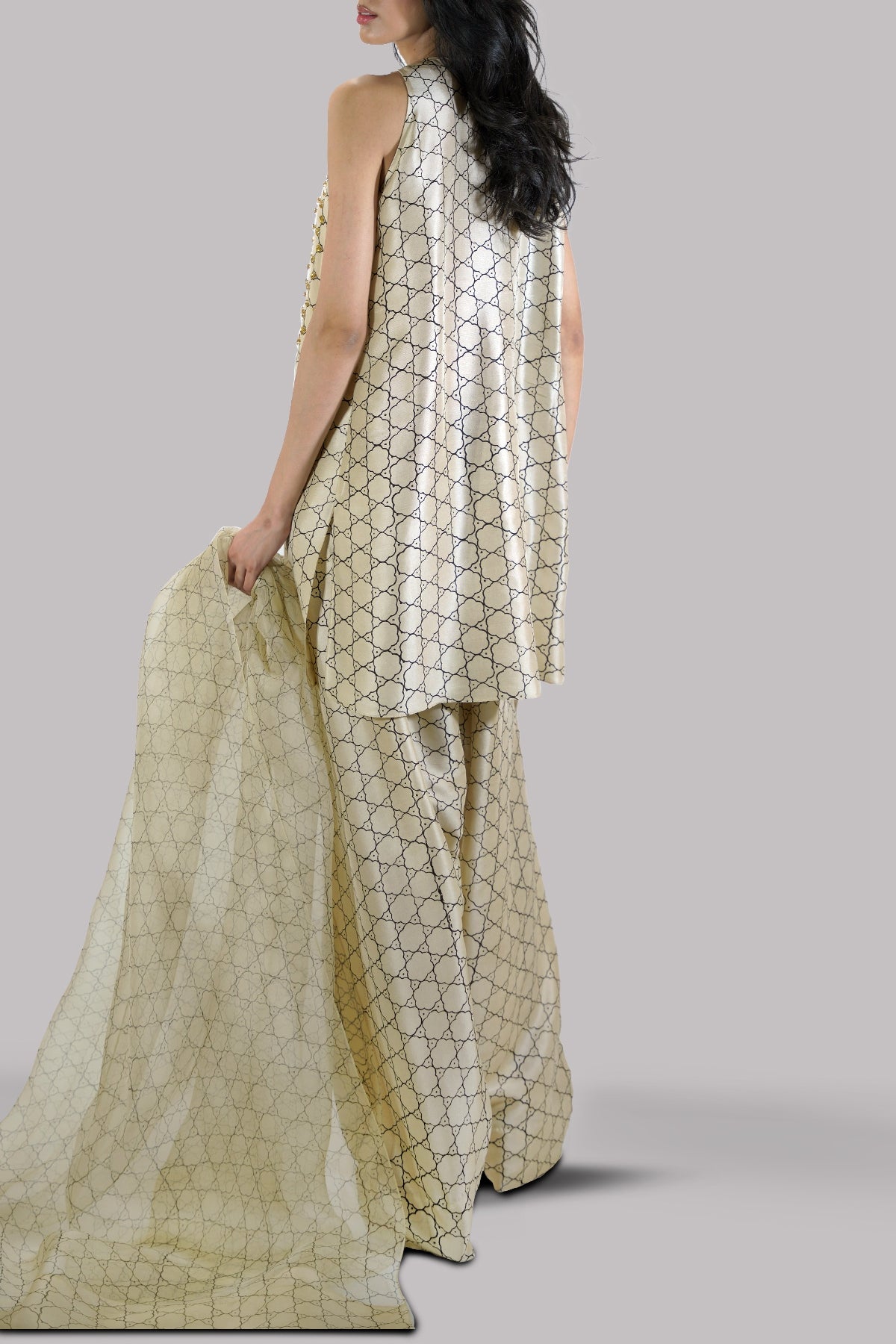 Lambs Wool Embellished Block Printed Raw Silk Set